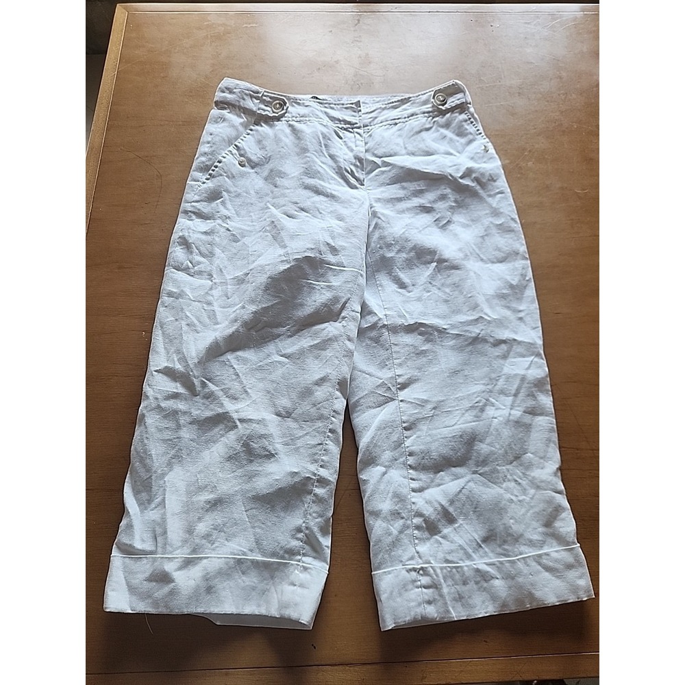 Dalia Collection Women Pants 100% Linen White Lined Capri‎ Pants SZ 6